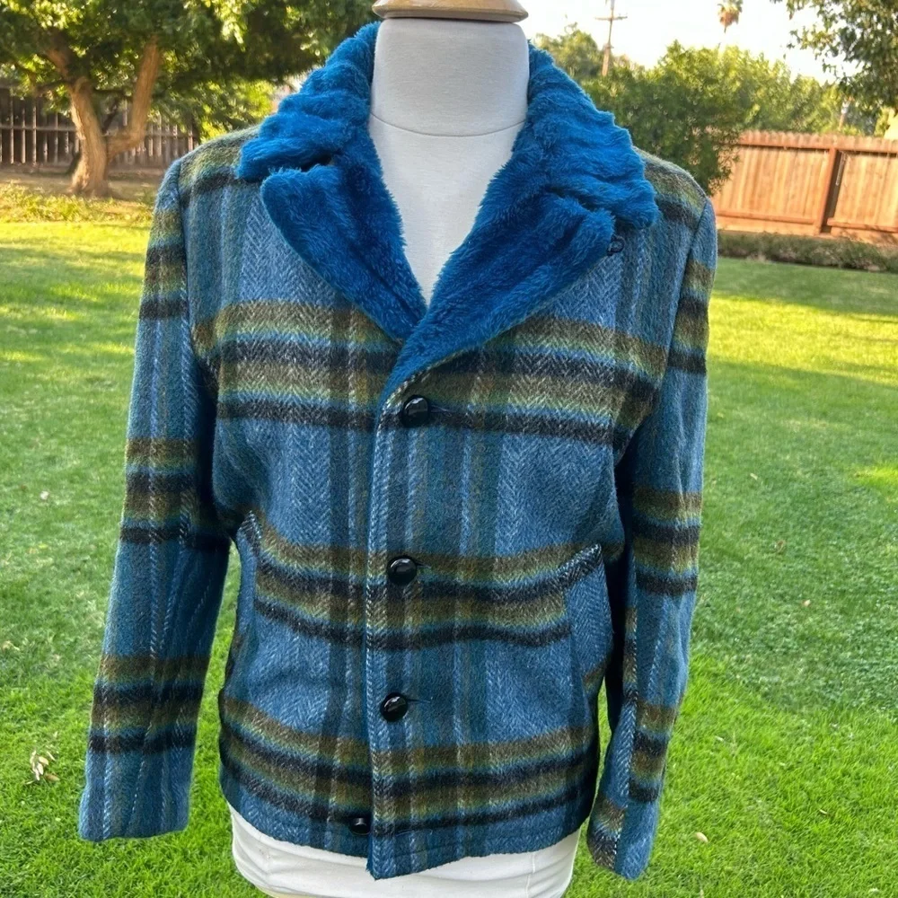 Vintage 70s Sir Jac Plaid Wool Faux Fur Lined Coat Made in USA Women’s Size 36